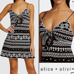 Alice + Olivia Roe Embroidered Tie-Front Black and White Patterned Dress